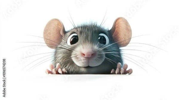 Fototapeta A cartoon rat peeking out from behind an object, isolated on a white background. Ideal for die-cut and sticker designs.