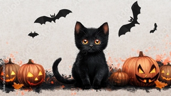 Fototapeta Decorative illustration of a black Halloween kitten with glowing eyes, bats flying overhead, and Jack-o'-Lantern pumpkins. Isolated PNG on a transparent background.