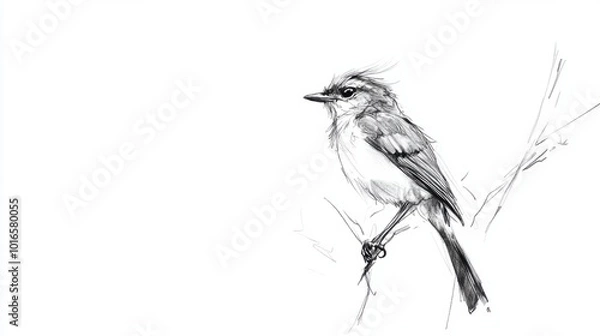 Obraz Simple pencil sketch of a bird on a branch, isolated on a clean white background