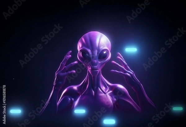 Fototapeta A purple alien with large eyes raises its hands in front of a black background illuminated by blue lights.