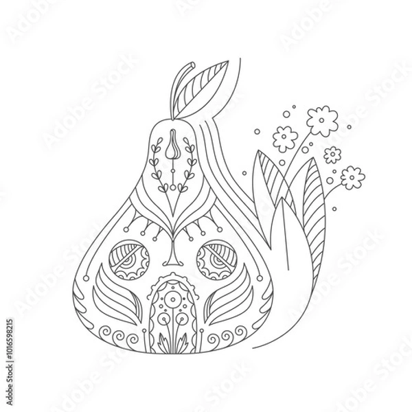 Fototapeta Vector coloring illustration with pear house and floral elements. Doodle style. Linear drawing. 