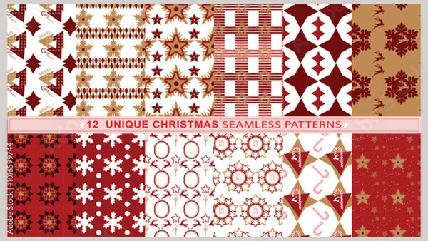 Fototapeta Merry Christmas and Happy New Year! Set of winter holiday backgrounds. Collection of seamless patterns with red and white  and cream luxury colors. Vector illustration.