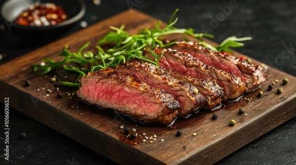 Obraz A medium-rare sliced steak with a crispy outside and juicy inside, placed on a cutting board with a solid background.