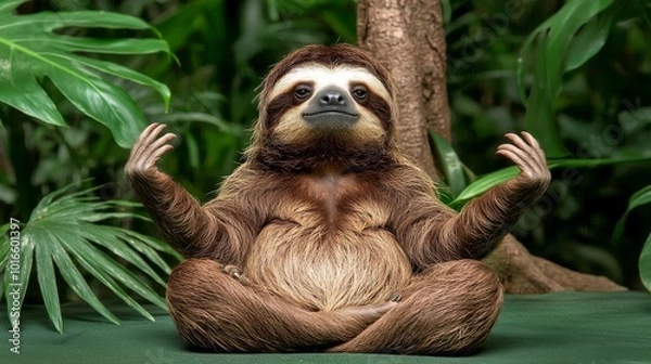 Fototapeta A sloth sitting calmly in a meditative pose surrounded by lush green foliage.