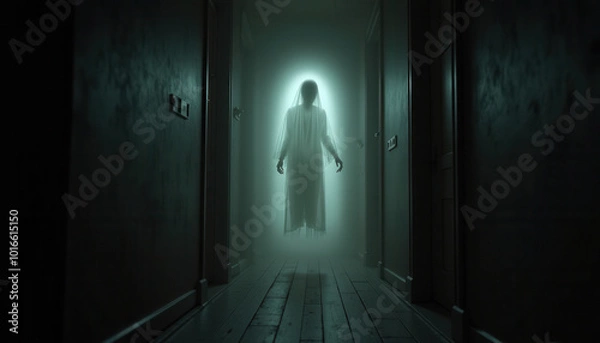 Obraz A haunting image of a spectral figure glowing at the end of a dimly lit hallway. An ethereal being clad in a flowing white veil hovers above the floor, its form shrouded in mist.
