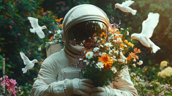 Fototapeta Gardener from space with bouquet and flying doves