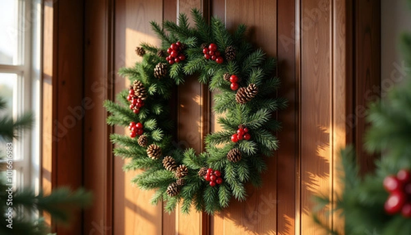 Obraz Beautiful Christmas wreath with pine branches, red berries and cones