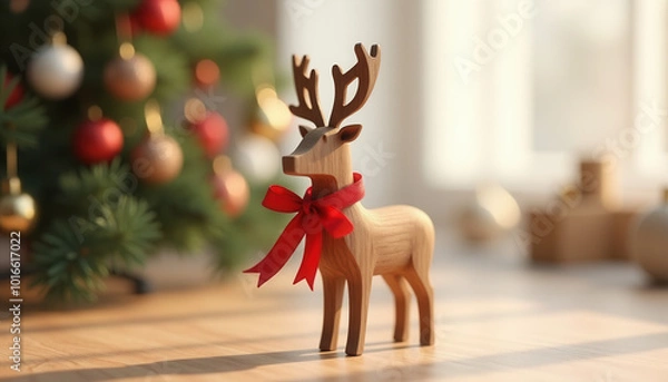 Obraz A wooden reindeer ornament with a red ribbon around its neck, standing in front of a beautifully decorated Christmas tree with red, gold, and white ornaments, bathed in soft natural light.