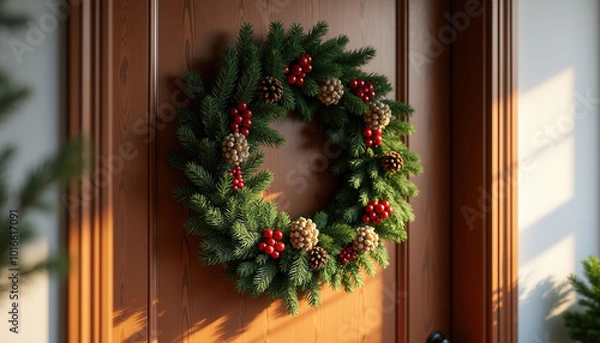 Obraz Beautiful Christmas wreath with pine branches, red berries and cones
