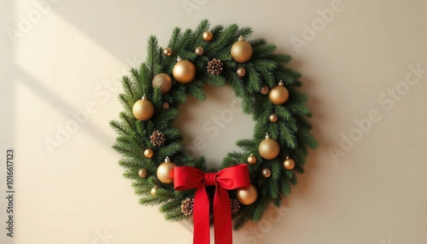 Obraz Beautiful Christmas wreath with pine branches, red berries and cones