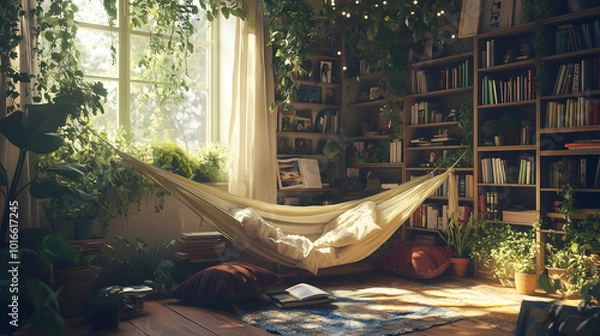 Fototapeta Generative AI, Create a Relaxing Reading Corner with Bean Bag, Fairy Lights, and Travel Books

