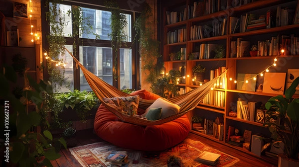 Fototapeta Generative AI, Cozy Reading Nook with Hammock and Mismatched Bookshelves
