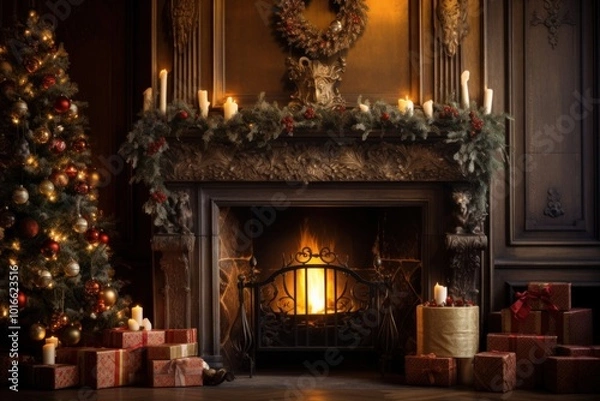 Fototapeta Christmas decoration room fireplace christmas hearth.