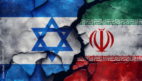 Fototapeta The flags of Israel and Iran, separated by a deep crack in the wall between them.