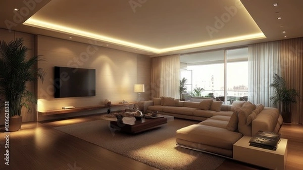 Fototapeta A chic living room design with minimalist decor, soft lighting, and comfortable furniture creating a relaxing and modern space