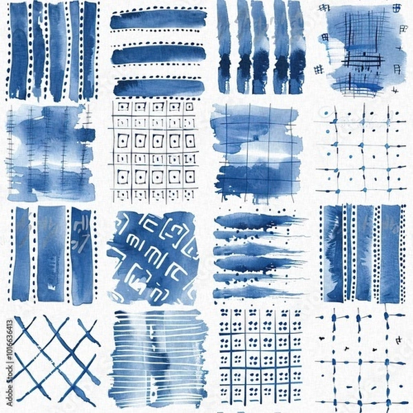 Fototapeta Modern blue white irregular beach patched shape mix for summer doodle beachwear design. Coastal mariner background for seaside living style in repeatable tile.