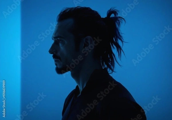 Obraz Silhouette of Man with Ponytail in Blue Lighting