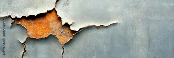 Obraz Close-up of a weathered wall with peeling paint and rust, showcasing textures and colors of decay.