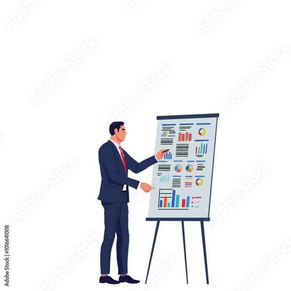 Fototapeta A businessman presenting data on a flip chart filled with colorful charts and graphs. Perfect for themes around business, presentations, or corporate meetings.