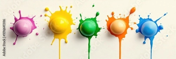 Obraz Colorful paint splashes in various hues on a white isolated background, perfect for creative projects.
