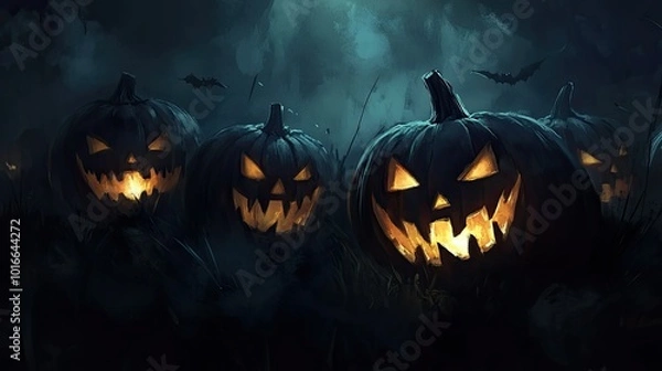 Obraz Spooky jack-o-lantern faces glowing in a pitch-black night, their sinister grins casting shadows.