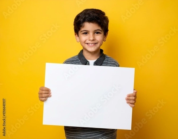 Obraz Child holding a White Sign on a flat Yellow Background, perfect for messages, announcements, and creative expressions - Generative AI