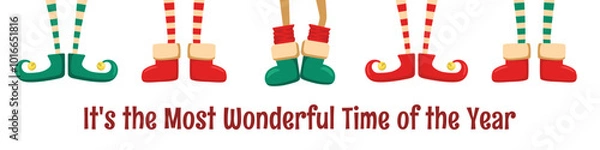 Fototapeta Merry Christmas horizontal illustration with cute cartoon elves legs in shoes and boots isolated on white background. Vector illustration template for greeting card print, poster, banner