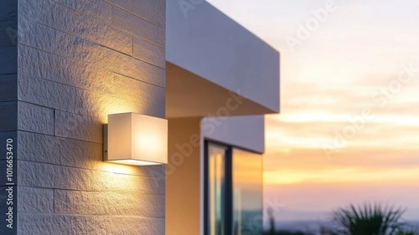 Fototapeta Modern wall light fixture illuminating a stylish exterior at sunset, creating a warm and inviting atmosphere.