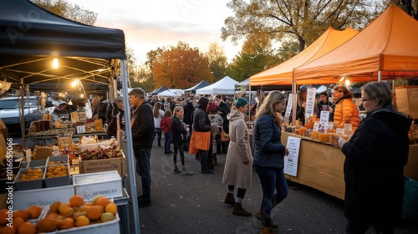 Obraz Busy outdoor market with people browsing various stalls selling fresh produce, honey, and handmade goods under tents during early evening