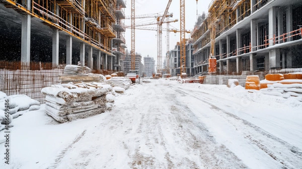 Fototapeta Snow-covered construction site with cranes and building materials near partially constructed buildings.