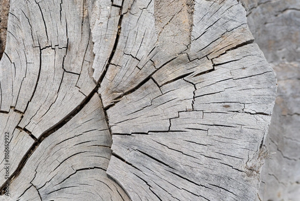 Fototapeta Close-up on the cracks of a dry tree stump