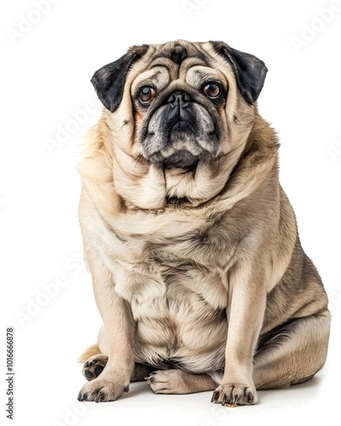 Fototapeta Chubby Pug Dog Sitting Contentedly on White Background with Playful Expression