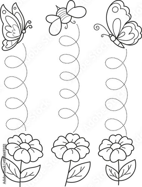 Obraz Coloring page outline of cartoon butterflies. Educational exercise, preschool worksheet for practicing fine motor skills, tracing dashed lines, colorful vector illustration, coloring book for kids.