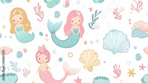 Fototapeta Kawaii Mermaids and Seashells in Pastel Ocean Seamless Pattern for Cute Undersea Adventure