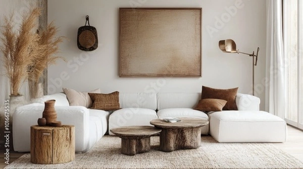 Fototapeta Cozy and stylish living room interior features a white modular sofa, wooden furniture, wall art, and personal touches. Home styling template.