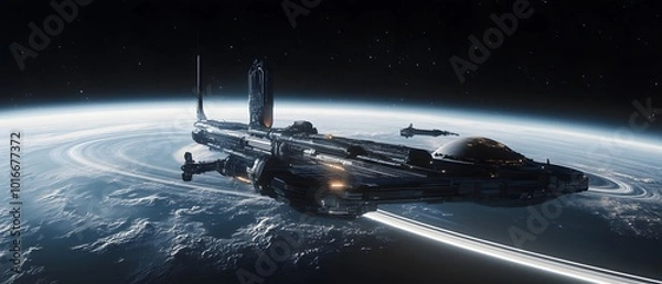 Fototapeta A sleek, futuristic spaceship orbits a distant planet.