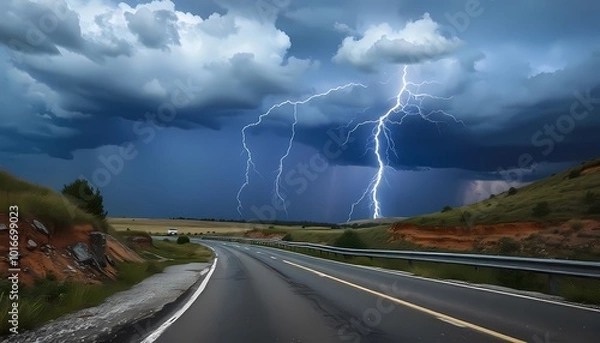 Fototapeta A lightning storm illuminates a deserted road, with dark clouds overhead and a grassy field on either side