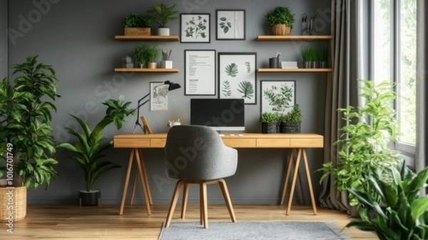 Fototapeta Design scandinavian interior of home office space with stylish chairs, wooden desk, shelf, a lot of plants, elegant accessories and mock up posters gallery wall. Stylish home decor