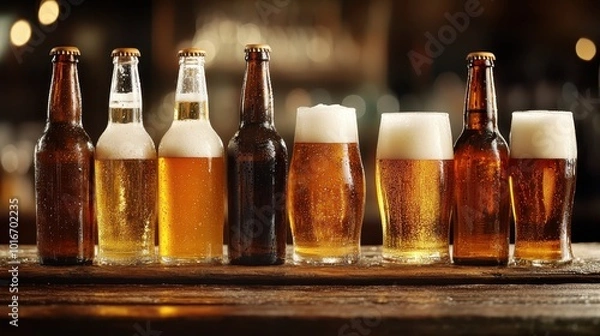 Fototapeta A variety of beer bottles and glasses are neatly arranged on a rustic wooden table, each with different shades of amber, showcasing a rich assortment of brews.