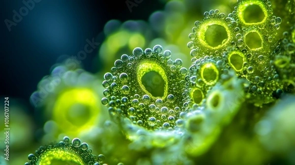 Obraz Close-up of algae colonies under a biological microscope, with intricate patterns and glowing greens.