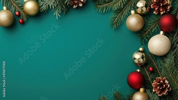 Fototapeta Elegant and vibrant festive Christmas trees and ornaments decorating the edges of a wallpaper leaving a blank center space for holiday messages greetings or designs