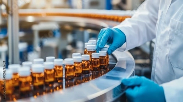 Obraz A lab technician in blue gloves places amber bottles on a conveyor belt in a pharmaceutical manufacturing environment.