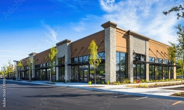 Fototapeta Modern commercial building with storefront windows and parking lot.