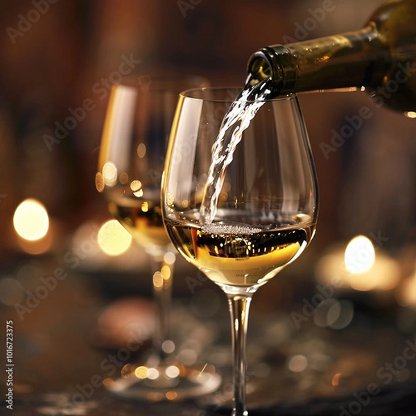 Obraz Extreme close-up of white wine pouring out of bottle in a glass
