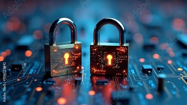 Fototapeta Digital padlock for computing system on dark blue background, cyber security technology for fraud prevention and privacy data network protection concept