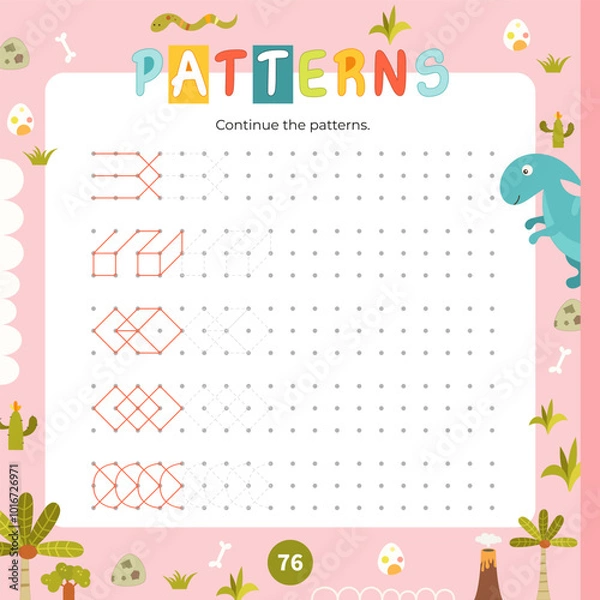 Fototapeta Activity page for kids – continue pattern. Preschool printable game for Activity book Dinosaurs. Vector illustration. Square format. Game to boost handwriting skill.