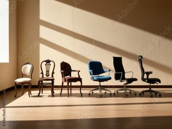 Fototapeta A meticulously arranged row of 7 chairs of varying heights, from a miniature wooden stool to a tall, sleek executive chair, placed against a warm beige wall with subtle texture, lit by soft, natural