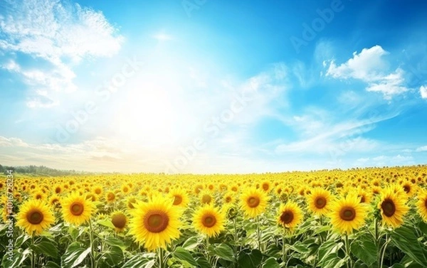 Obraz A vibrant sunflower field under a bright blue sky, showcasing nature's beauty and tranquility.