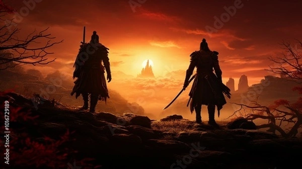 Fototapeta Silhouettes of two warriors standing on a rocky terrain against a dramatic sunset background, evoking a sense of adventure and mystery.