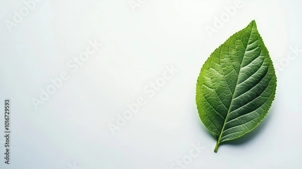 Fototapeta Close-up of a vibrant green leaf against a minimalistic white background, showcasing its natural texture and intricate vein patterns.